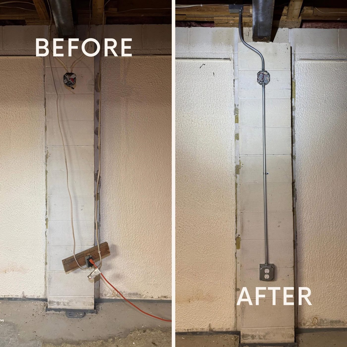 Before and after of a Voltex Systems service mast and conduit rewire
