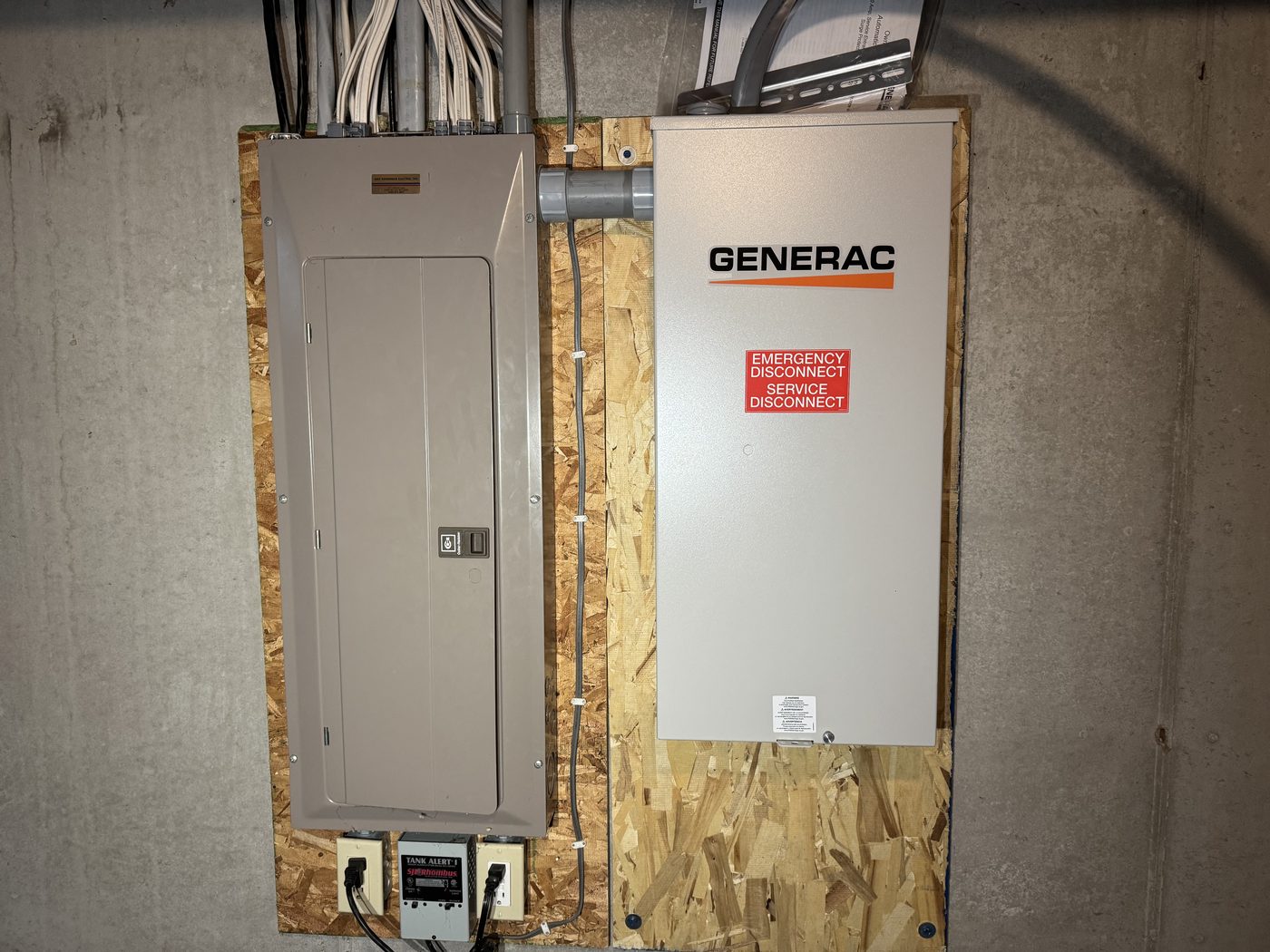 Generac emergency service disconnect and electrical panel